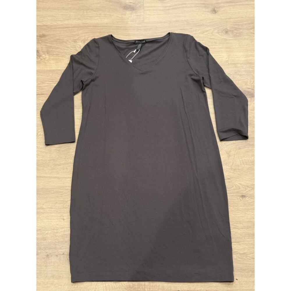 EILEEN FISHER Viscose Jersey Dress 3/4 Sleeve V-Neck Gray Stretch Knit Women PM